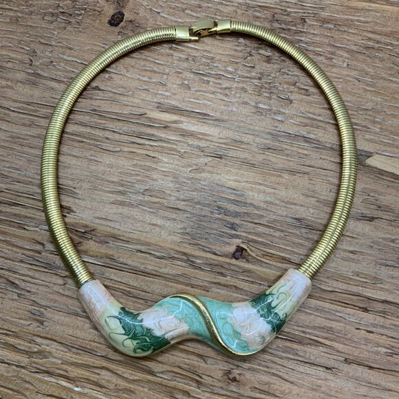Metallic Pastel Swirl Enamel Gold Tone Snake Chain Choker Vintage Necklace - Picture 3 of 7
